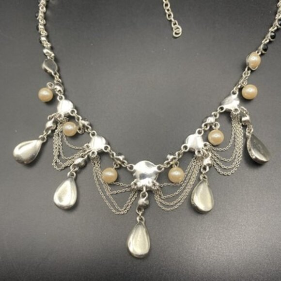 Faux Pearl Festoon Necklace Black Rhinestone Bib Silver Tone 16+2" Art Deco - Picture 7 of 8